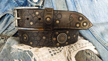 Dark brown men's belt embossed with motorcycle gears, vintage finish and rivets, Unique design steampunk belt with silver Concho's for biker