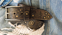 Dark brown men's belt embossed with motorcycle gears, vintage finish and rivets, Unique design steampunk belt with silver Concho's for biker