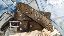 Dark brown men's belt embossed with motorcycle gears, vintage finish and rivets, Unique design steampunk belt with silver Concho's for biker