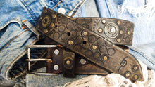 Dark brown men's belt embossed with motorcycle gears, vintage finish and rivets, Unique design steampunk belt with silver Concho's for biker