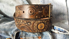 Handmade Leather Belt - Steampunk Style with Gears - 4.2 cm Wide - Brown with Silver & Brass Accents - Perfect for Bikers