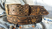 Dark brown men's belt embossed with motorcycle gears perfect men's gift for Christmas by Ishaor