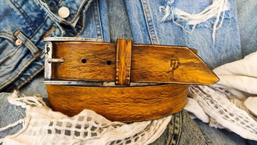 Handmade Western Leather Belt Buckle - Yellow Leather Belt with Brown Wash and Vintage Finish - Perfect Color for Jeans