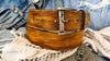 Handmade Western Leather Belt Buckle - Yellow Leather Belt with Brown Wash and Vintage Finish - Perfect Color for Jeans