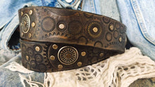 Dark brown men's belt embossed with motorcycle gears, vintage finish and rivets, Unique design steampunk belt with silver Concho's for biker