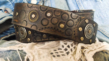 Dark brown men's belt embossed with motorcycle gears, vintage finish and rivets, Unique design steampunk belt with silver Concho's for biker