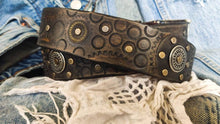 Dark brown men's belt embossed with motorcycle gears, vintage finish and rivets, Unique design steampunk belt with silver Concho's for biker