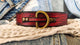 Ishaor Custom red Leather Dog Collar with black wash and bronze ring and buckle , personalizes dog collar with name .