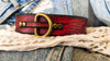 Ishaor Custom red Leather Dog Collar with black wash and bronze ring and buckle , personalizes dog collar with name .