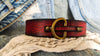 Ishaor Custom red Leather Dog Collar with black wash and bronze ring and buckle , personalizes dog collar with name .