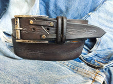 Dark  Brown Leather Belt with gray wash Men's Design wide Leather Belt with Western style and Buckle by Ishaor, perfect color with jeans