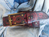 Red leather belt with black wash and motorcycle gear stamps. Unique Belt with Biker style and buckle. Accessories gift for bikers