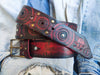 Red leather belt with black wash and motorcycle gear stamps. Unique Belt with Biker style and buckle. Accessories gift for bikers