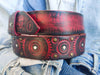 Red leather belt with black wash and motorcycle gear stamps. Unique Belt with Biker style and buckle. Accessories gift for bikers