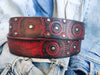 Red leather belt with black wash and motorcycle gear stamps. Unique Belt with Biker style and buckle. Accessories gift for bikers