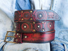 Red Leather Belt with Biker Style Unique Belt with Motorcycle Gear Stamps and Black Wash Accessories Gift for Bikers