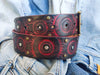 Red leather belt with black wash and motorcycle gear stamps. Unique Belt with Biker style and buckle. Accessories gift for bikers