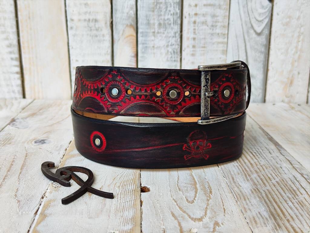 Black leather belt with red wash and motorcycle gear stamps. Unique Belt with Biker style and buckle. Steampunk style