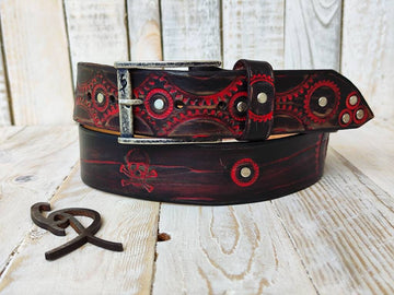 Black leather belt with red wash and motorcycle gear stamps. Unique Belt with Biker style and buckle. Steampunk style