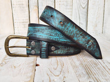 Turquoise leather belt with brown wash and amazing texture, handmade leather buckle belt, match with jeans and perfect gift for man & woman