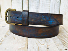 Handmade Leather Belt - Blue with Two-Tone Brown Wash, 3.6 cm - Perfect for Jeans