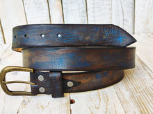 Handmade Leather Belt - Blue with Two-Tone Brown Wash, 3.6 cm - Perfect for Jeans