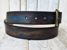 Handmade Leather Belt - Blue with Two-Tone Brown Wash, 3.6 cm - Perfect for Jeans