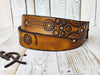 Biker Style yellow leather belt Unique design embossed with motorcycle gear rivets and vintage finish. Perfect with burning man clothes.