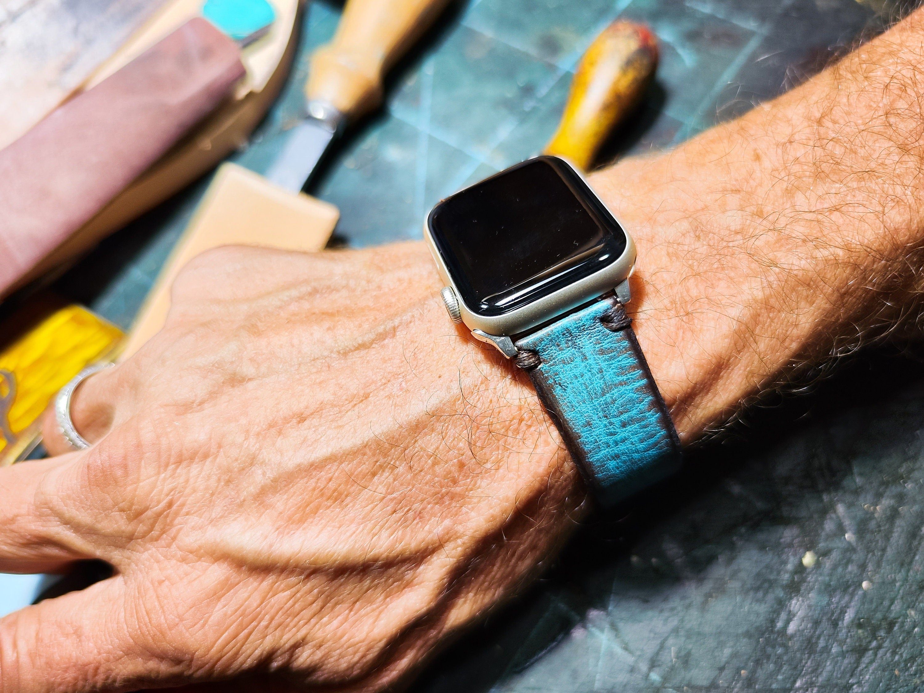 Apple Watch Band Turquoise Leather With Dark Edges Genuine Leather A ISHAOR