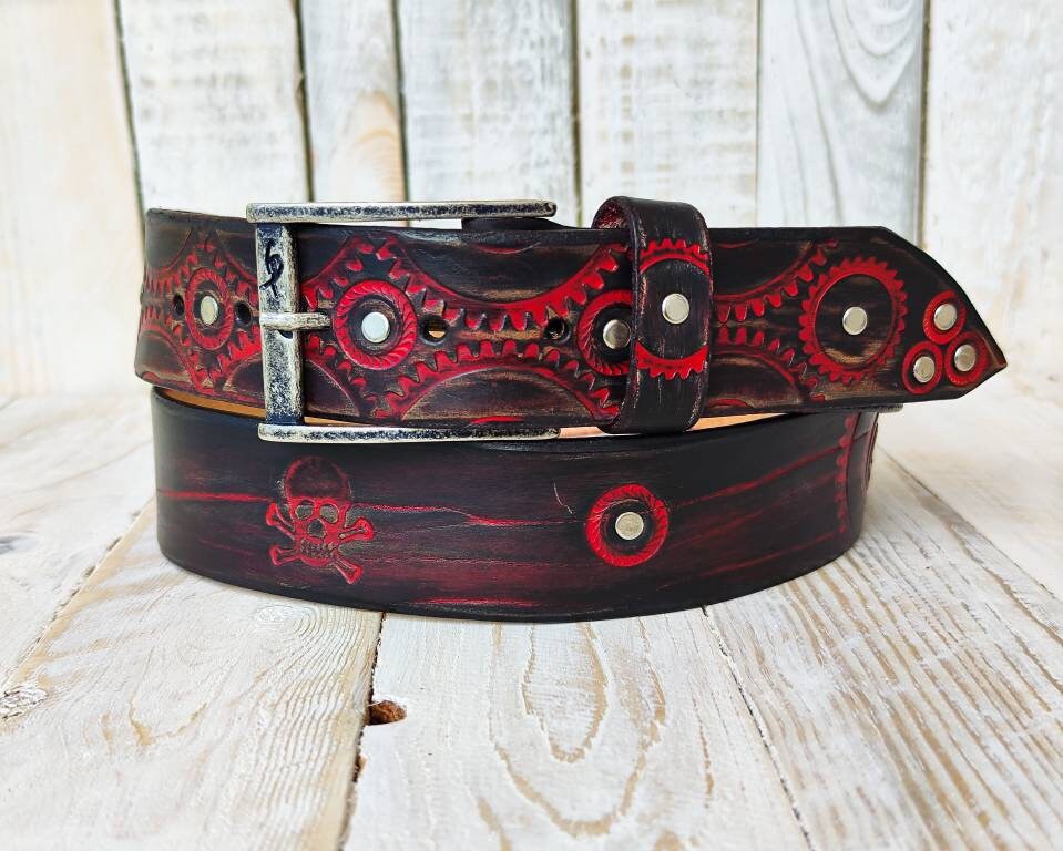 Black leather belt with red wash and motorcycle gear stamps. Unique Belt with Biker style and buckle. Steampunk style