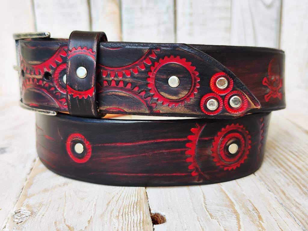 Black leather belt with red wash and motorcycle gear stamps. Unique Belt with Biker style and buckle. Steampunk style