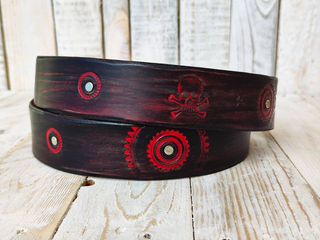 Black leather belt with red wash and motorcycle gear stamps. Unique Belt with Biker style and buckle. Steampunk style