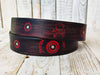 Black Leather Belt with Red Wash and Motorcycle Gear Stamps - Unique Biker Style with Steampunk Buckle