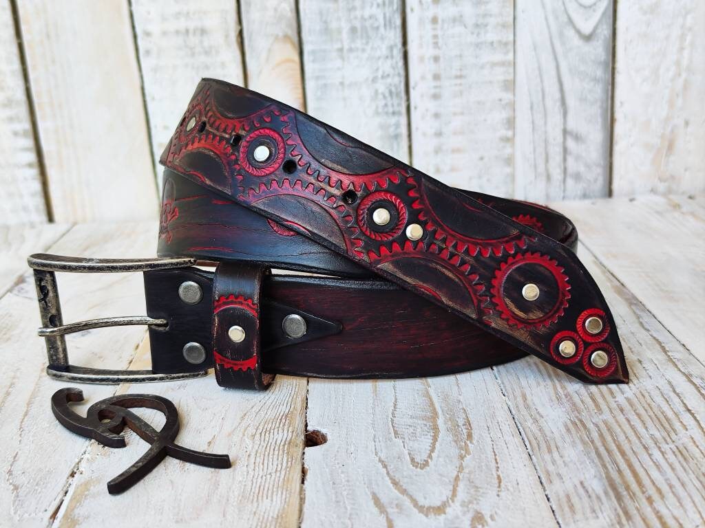 Black leather belt with red wash and motorcycle gear stamps. Unique Belt with Biker style and buckle. Steampunk style