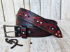 Black Leather Belt with Red Wash and Motorcycle Gear Stamps - Unique Biker Style with Steampunk Buckle