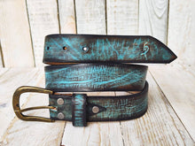 Turquoise leather belt with brown wash and amazing texture, handmade leather buckle belt, match with jeans and perfect gift for man & woman