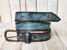 Turquoise leather belt with brown wash and amazing texture, handmade leather buckle belt, match with jeans and perfect gift for man & woman