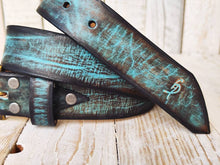 Turquoise leather belt with brown wash and amazing texture, handmade leather buckle belt, match with jeans and perfect gift for man & woman