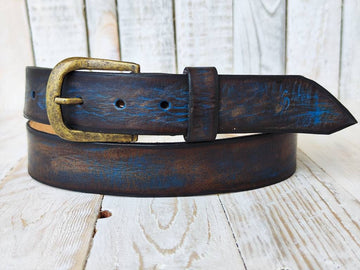 Handmade Leather Belt - Blue with Two-Tone Brown Wash, 3.6 cm - Perfect for Jeans