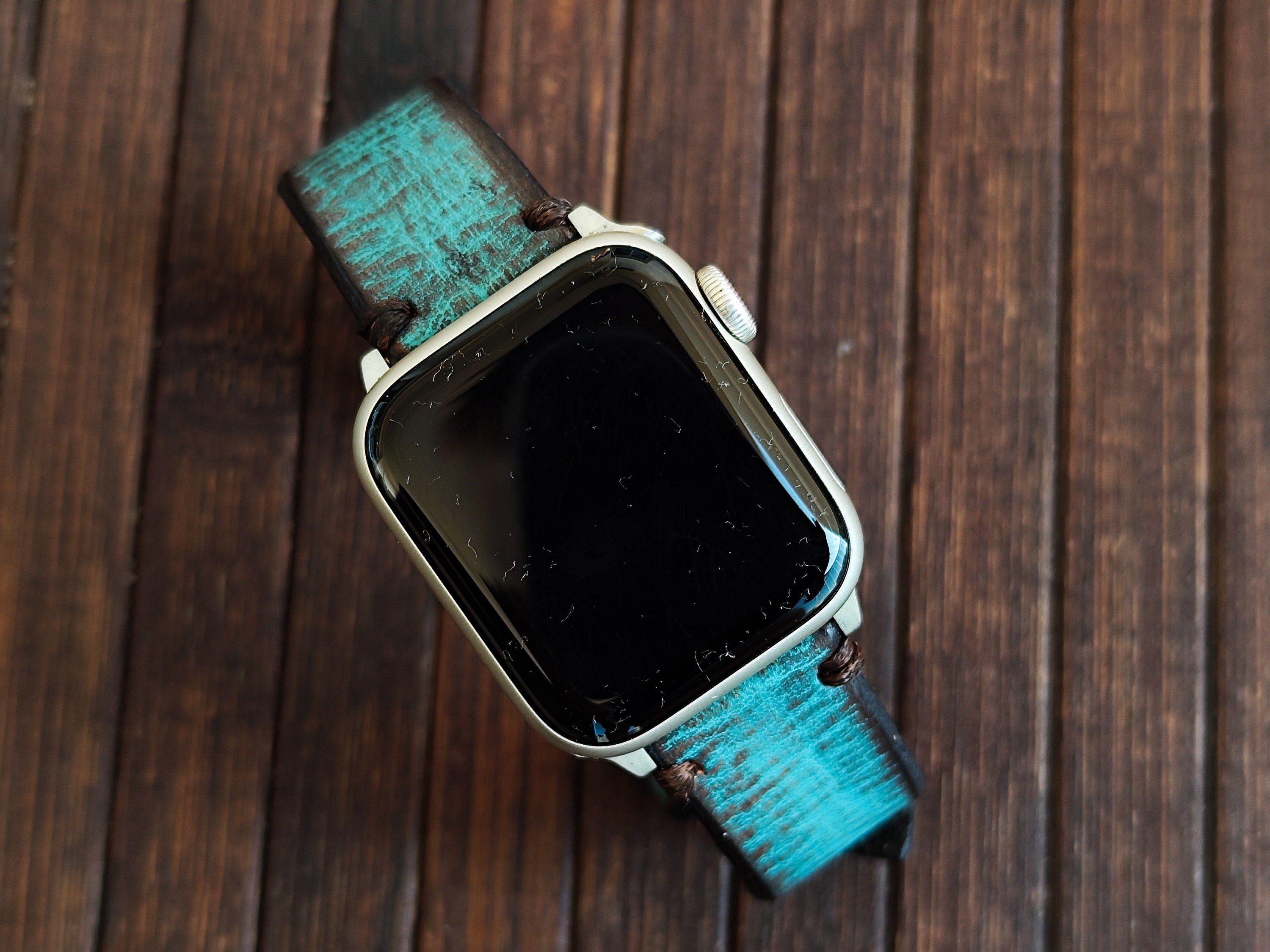 Apple Watch Band - Turquoise Leather With Dark Edges Genuine Leather Apple Watch Band 45 mm, 44mm, 42mm, 41mm, 40 mm and 38 mm