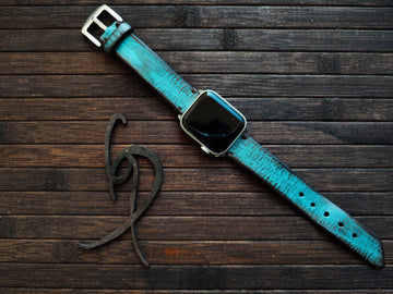 Apple Watch Band - Turquoise Leather With Dark Edges Genuine Leather Apple Watch Band 45 mm, 44mm, 42mm, 41mm, 40 mm and 38 mm