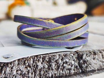 Handmade Purple Leather Bracelet - Gold Wash Unique Womens Gift