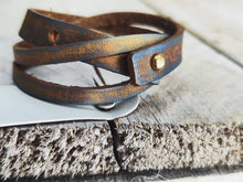 Double Loop Brown Leather Bracelet with Blue and Gold Wash - Unique and Versatile Design