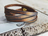 Unique Double Loop Brown Leather Bracelet with Blue and Gold Wash - Versatile Design