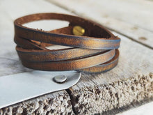 Double Loop Brown Leather Bracelet with Blue and Gold Wash - Unique and Versatile Design