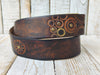 Handmade Motorcycle Gear Stamped Leather Belt with Rustic Dark Leather and touch of gold - Unique Design by Ishaor