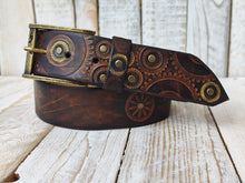 Handmade Motorcycle Gear Stamped Leather Belt with Rustic Dark Leather and touch of gold - Unique Design by Ishaor