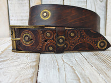 Stamped Leather Motorcycle Belt with Rustic Dark Leather and Gold Accents - Handmade Unique Design by Ishaor