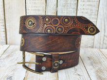 Handmade Motorcycle Gear Stamped Leather Belt with Rustic Dark Leather and touch of gold - Unique Design by Ishaor