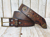 Handmade Stamped Leather Motorcycle Belt with Dark Rustic Design and Touch of Gold by Ishaor